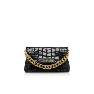 Bolsa De Hombro Tom Ford Printed Cuero Label Mini Chain Mujer Negras | 187-BJMERV