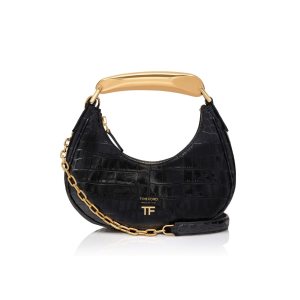 Bolsa De Hombro Tom Ford Shiny Stamped Crocodile Cuero Bianca Mini Hobo Mujer Negras | 974-VDMJUI