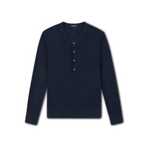 Camisas Tom Ford Silk Algodon Rib Henley Hombre Azules Oscuro | 203-BQVWHP