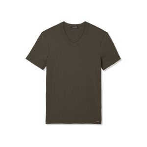 Camiseta Tom Ford Algodon V-neck Hombre Verde | 690-XLTZIF
