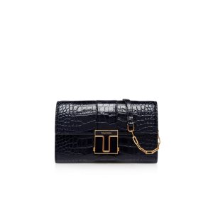 Carteras Pequeñas Tom Ford Shiny Stamped Crocodile Cuero 001 Chain Wallet Mujer Ink | 092-IPFQZU