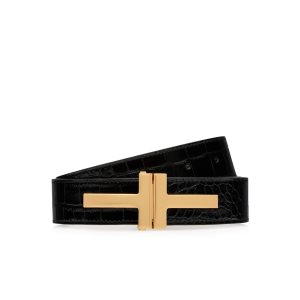 Cinturones Tom Ford Shiny Stamped Crocodile Cuero Double T Mujer Negras | 867-SJFRLX