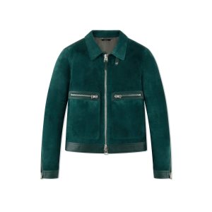 Ropa De Abrigo Tom Ford Brushed Heathered Gamuza Contrast Zip Blouson Hombre Turquesa Oscuro | 629-BJKFGS