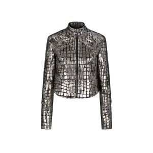 Ropa De Abrigo Tom Ford Metallic Printed Croc Cuero Ciclismo Jacket Mujer Plateadas | 957-RCESGW