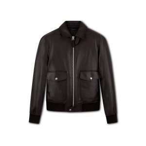 Ropa De Abrigo Tom Ford Soft Grain Cuero Collar Blouson Hombre Marrones Oscuro | 860-RSYXNK