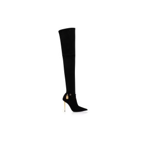 Sandalias Tacones Tom Ford Stretch Gamuza Cuero Padlock Encima Rodilla Mujer Negras | 965-WTCJOE