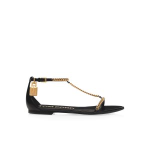 Sandalias Tom Ford Shiny Cuero Padlock Chain Mujer Negras | 594-DGHMBJ