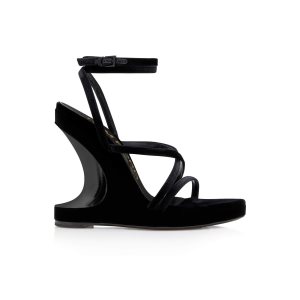 Sandalias Tom Ford Velvet Wavy Wedge Ankle Wrap Mujer Negras | 523-STKPEQ
