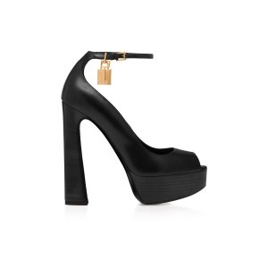 Zapatos De Salon Tom Ford Cuero Peep Puntera Plataforma Mujer Negras | 159-ZTCGKH