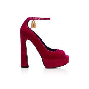 Zapatos De Salon Tom Ford Velvet Peep Puntera Plataforma Mujer Rojas Rosas | 472-HCWSEN